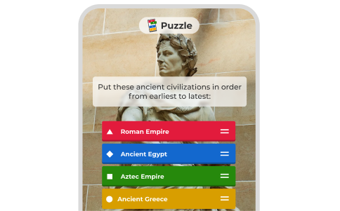 Kahoot! puzzle question asking students to put ancient civilizations in order from earliest to latest, with answer tiles for Roman Empire, Ancient Egypt, Aztec Empire and Ancient Greece over a photo of a classical statue
