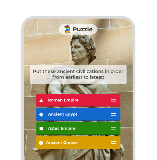 Kahoot! puzzle question asking students to put ancient civilizations in order from earliest to latest, with answer tiles for Roman Empire, Ancient Egypt, Aztec Empire and Ancient Greece over a photo of a classical statue