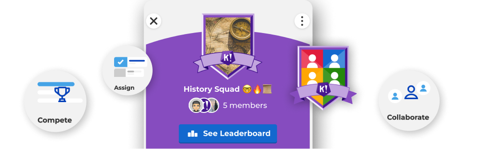 Kahoot! study group card for History Squad with 5 members and a See Leaderboard button, surrounded by icons for Compete, Assign and Collaborate