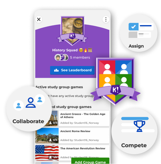 Kahoot! study group page for History Squad with 5 members, a See Leaderboard button and a list of assigned history games, surrounded by icons for Assign, Collaborate and Compete