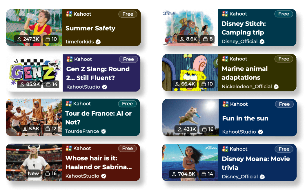 A selection of premium games and quizzes available with Kahoot!+ AccessPass.