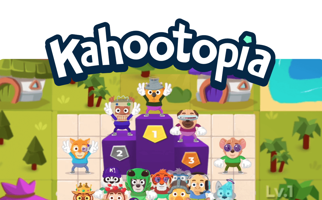 Kahootopia family island with colorful game characters.
