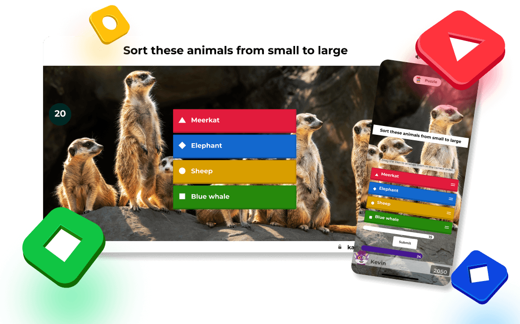 A Kahoot! puzzle question displayed on desktop and mobile screens.