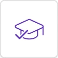 A line icon of a graduation cap with a checkmark, representing flexible use across settings.