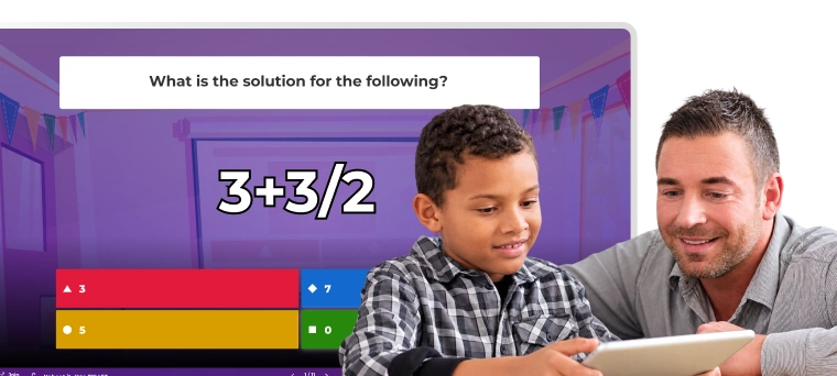 A father and son look at a tablet together, answering a Kahoot math question on a purple-themed screen.