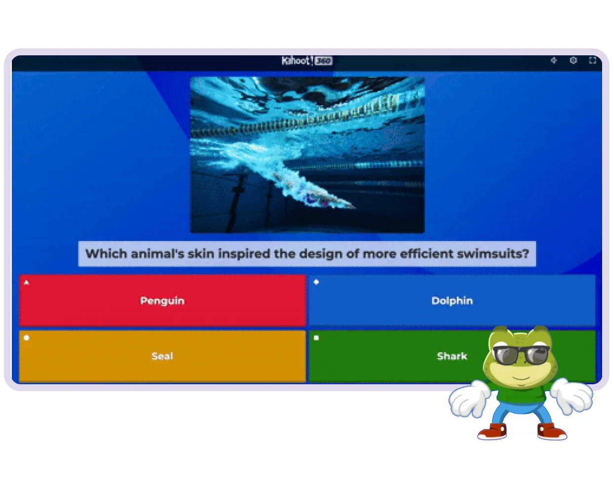 A Kahoot quiz screen shows a swimming question with four answer options and the Kahoot frog mascot character in the corner.