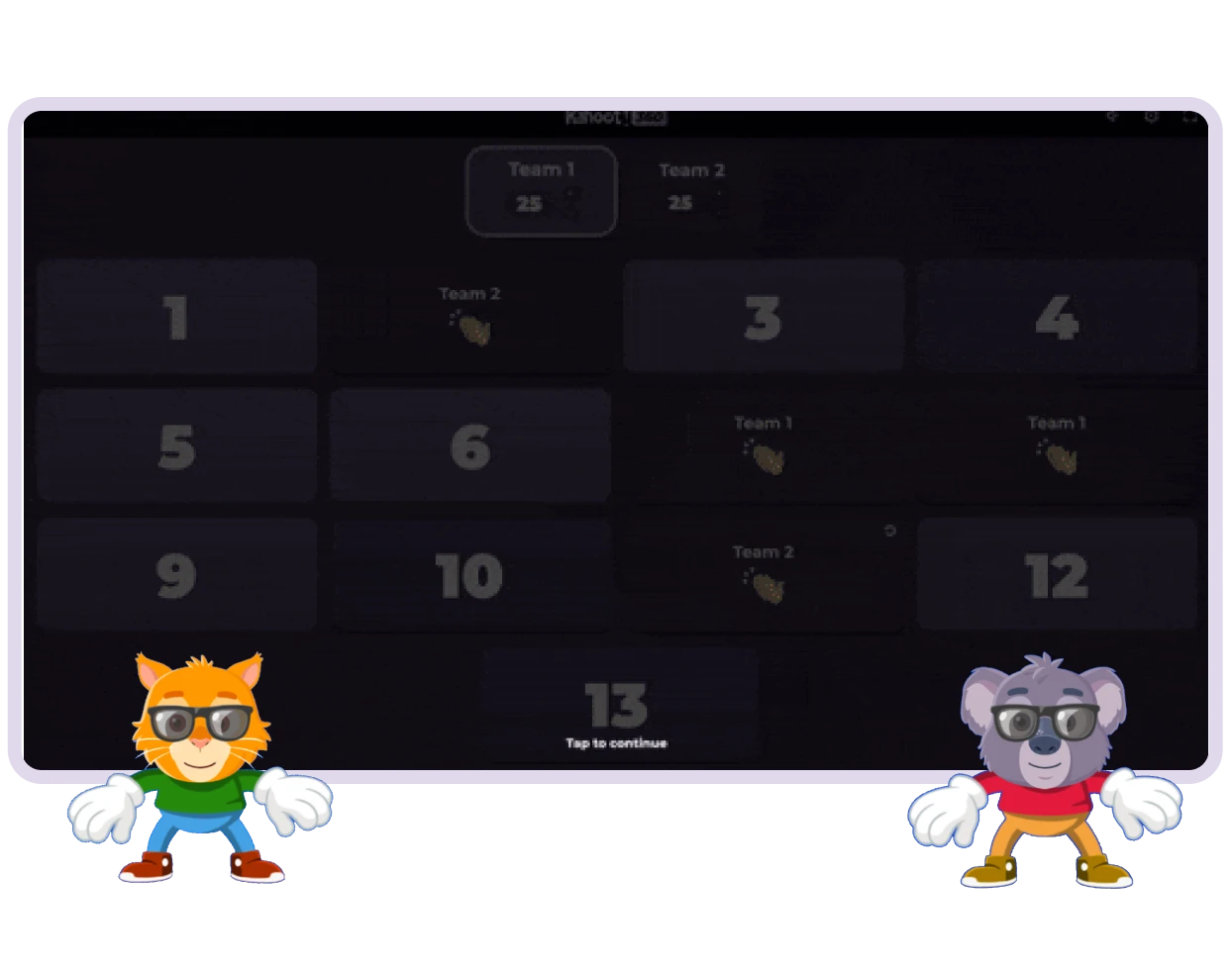 A Kahoot team mode screen shows a numbered board with team scores tied and two Kahoot mascot characters standing on either side.