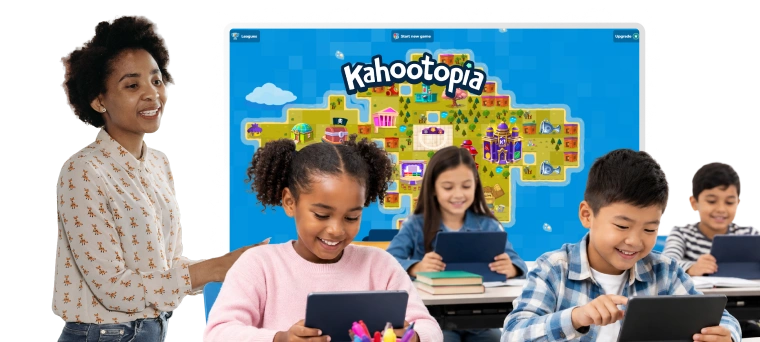 A teacher watches students on tablets as a colorful "Kahootopia" adventure map is displayed on the classroom screen.