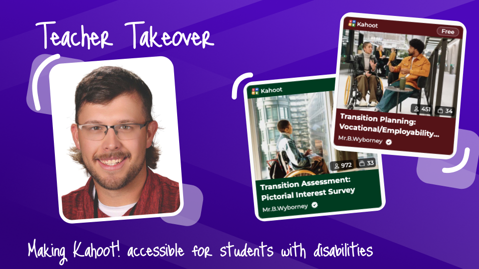 Teacher Takeover blog post with Brett W. portrait and two kahoots from his profile on transitional assessments for SPED classrooms