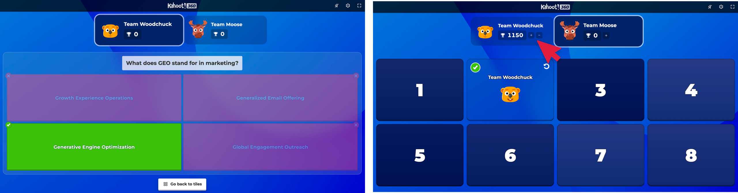 team tiles game screen with numbered tiles and a correctly answered question on host screen