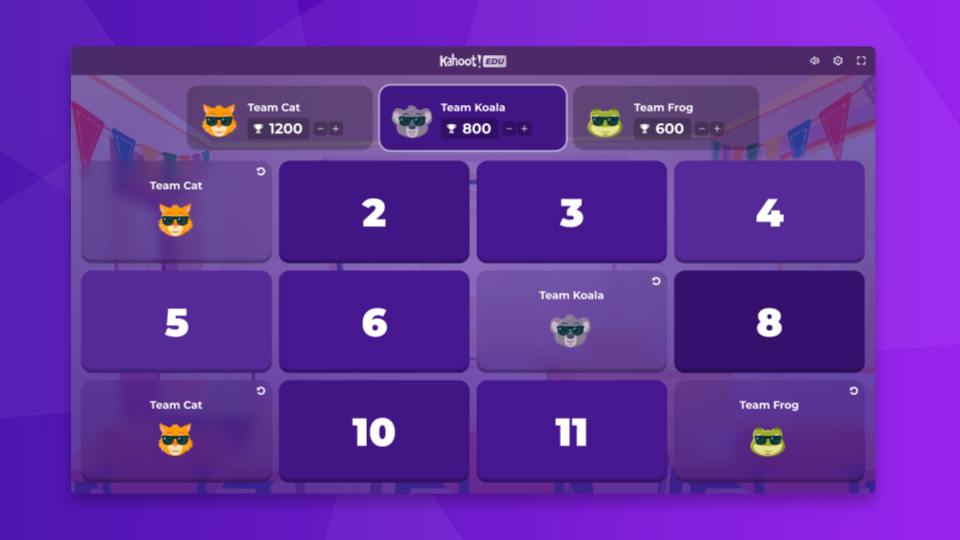 The tileboard of the Team Tiles Kahoot! game experience