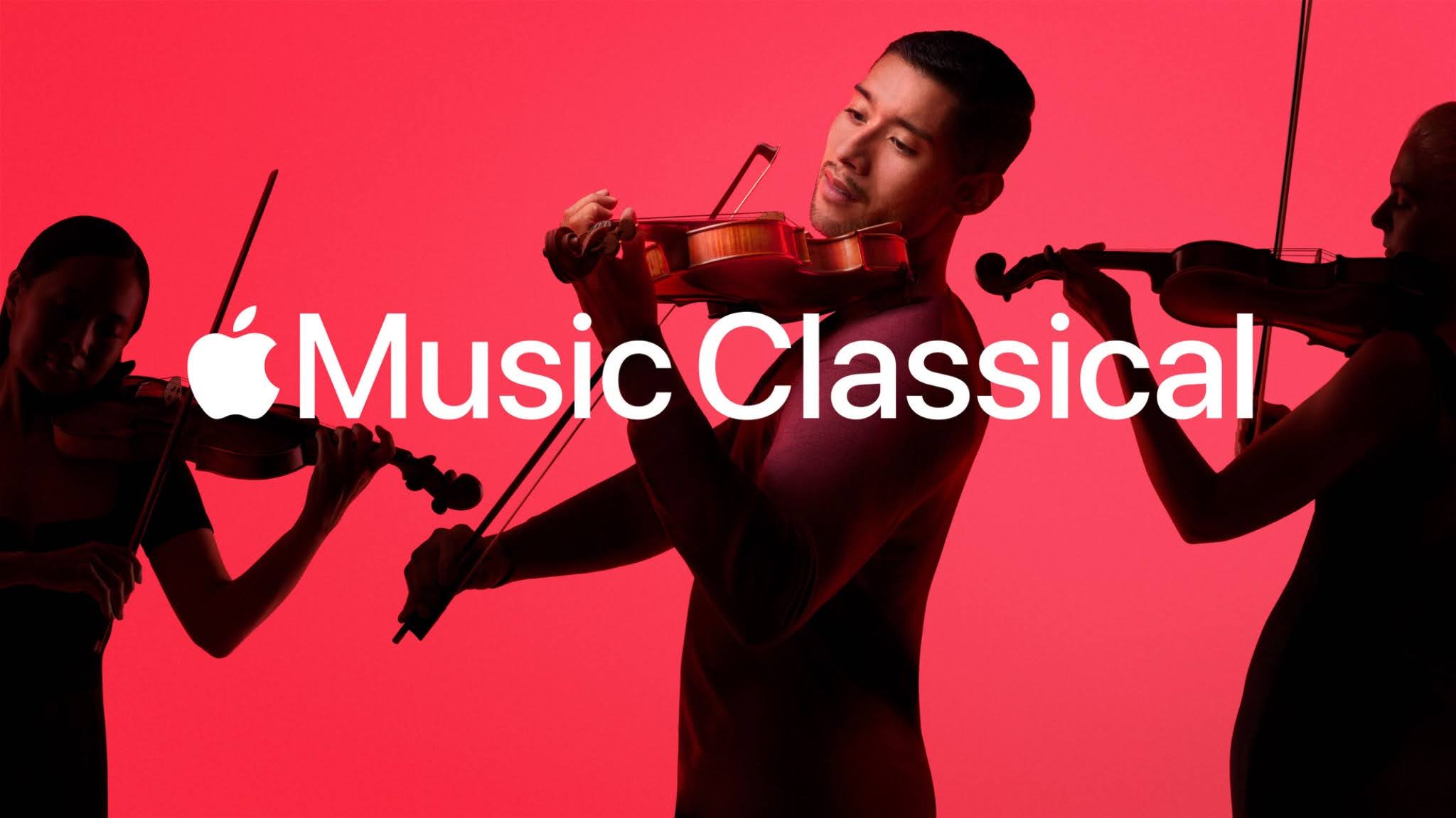 A photo of three musicians playing violins and the Apple Music Classical and Kahoot! logos