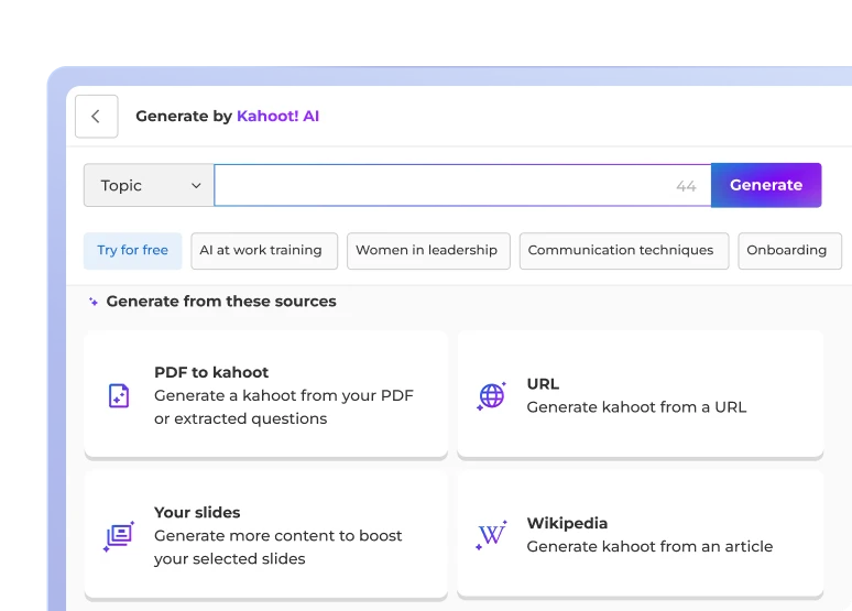 A text field for creating a kahoot from a topic.