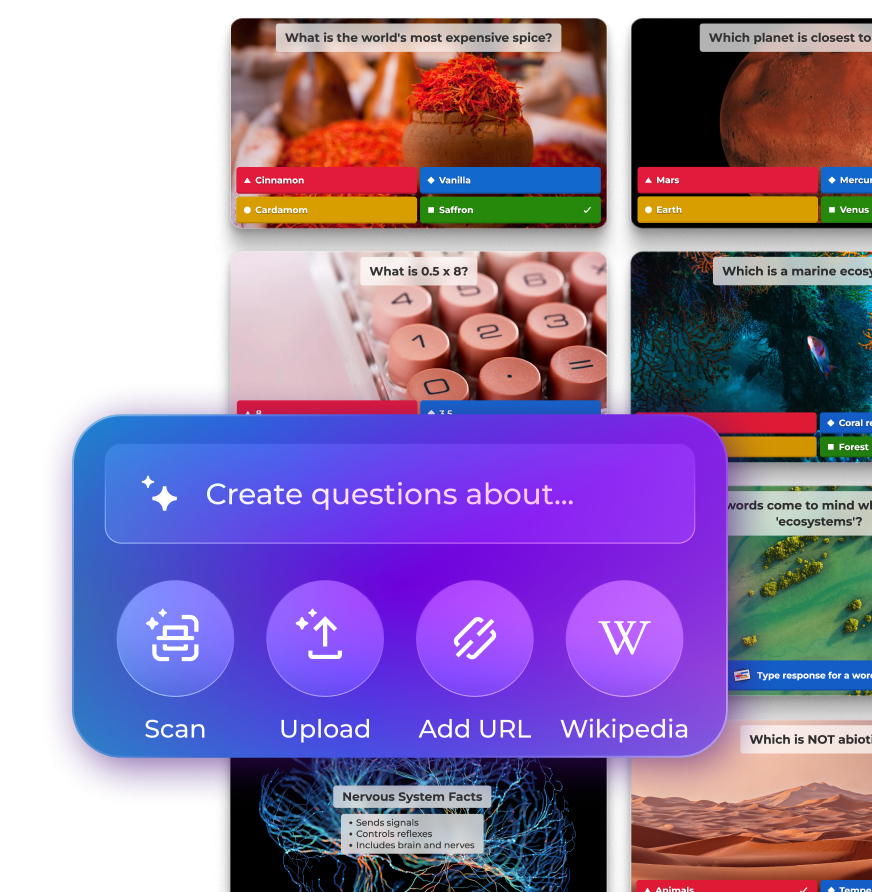 Kahoot! AI assistant with a Create questions about prompt and options to Scan, Upload, Add URL or use Wikipedia, over a grid of generated quiz questions on topics like spices, planets, marine ecosystems and the nervous system