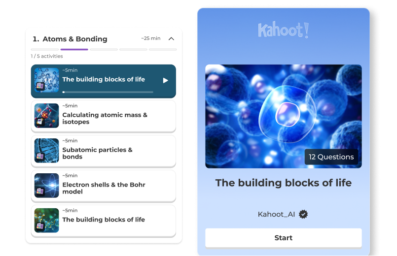 Kahoot! study path for Atoms & Bonding with five short activities, including Calculating atomic mass & isotopes and Electron shells & the Bohr model, next to a 12-question kahoot called The building blocks of life with a Start button