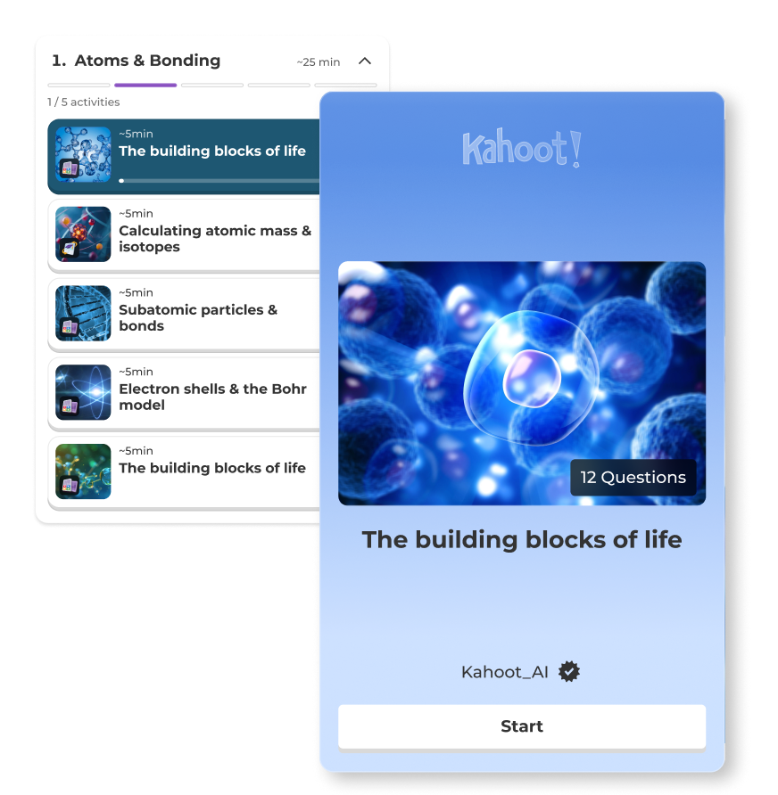 Kahoot! study path for Atoms & Bonding with five short activities, including Calculating atomic mass & isotopes and Electron shells & the Bohr model, overlaid by a 12-question kahoot called The building blocks of life with a Start button