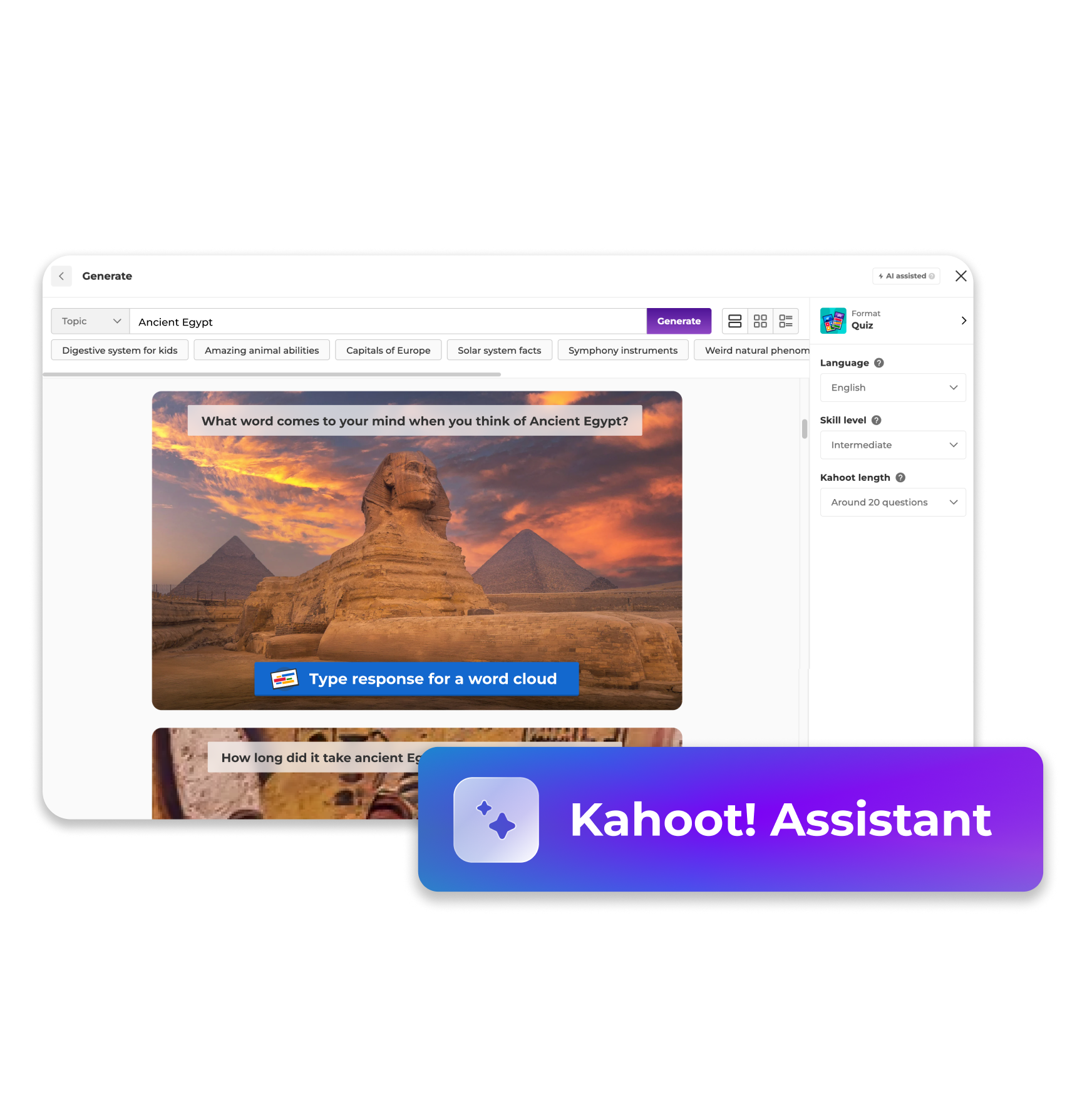 Kahoot! AI quiz generator showing a tropical forests quiz with the question 'What defines a tropical forest climate?' and four answer choices.