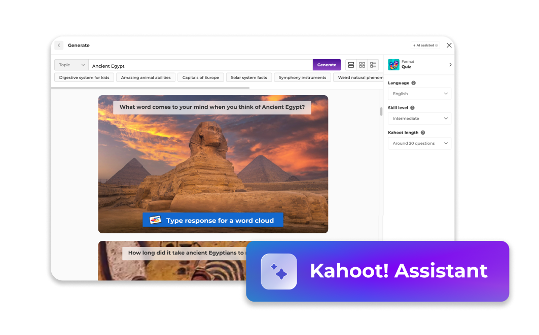 Kahoot! AI tool generating a quiz from an uploaded document, with answer options displayed on screen.