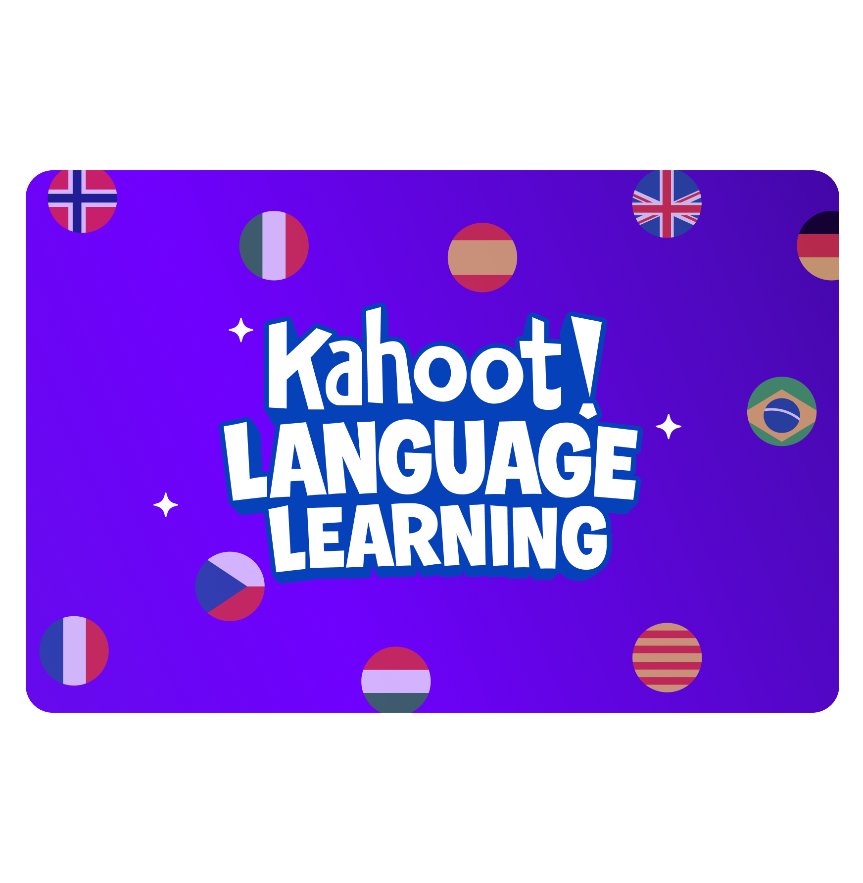 'Learn Languages with Kahoot!' promotional graphic with international flags.