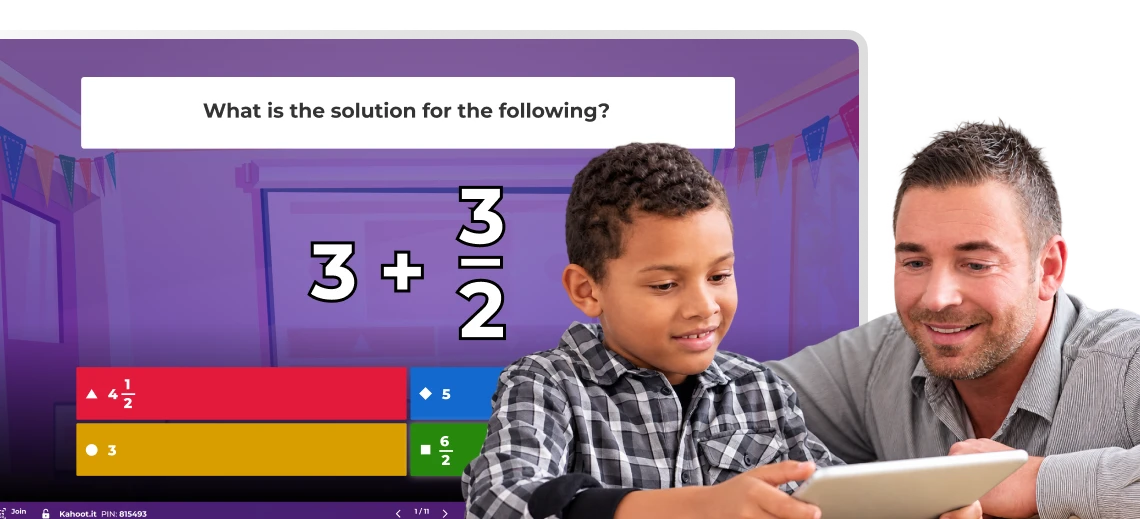 A father and son look at a tablet together, answering a Kahoot math question on a purple-themed screen.