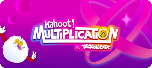 Kahoot! Multiplication by DragonBox logo with a cheerful fluffy character on a pink and purple background