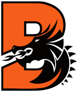 The logo of Brunswick School Department. Is a B letter in orange with a black dragon. 