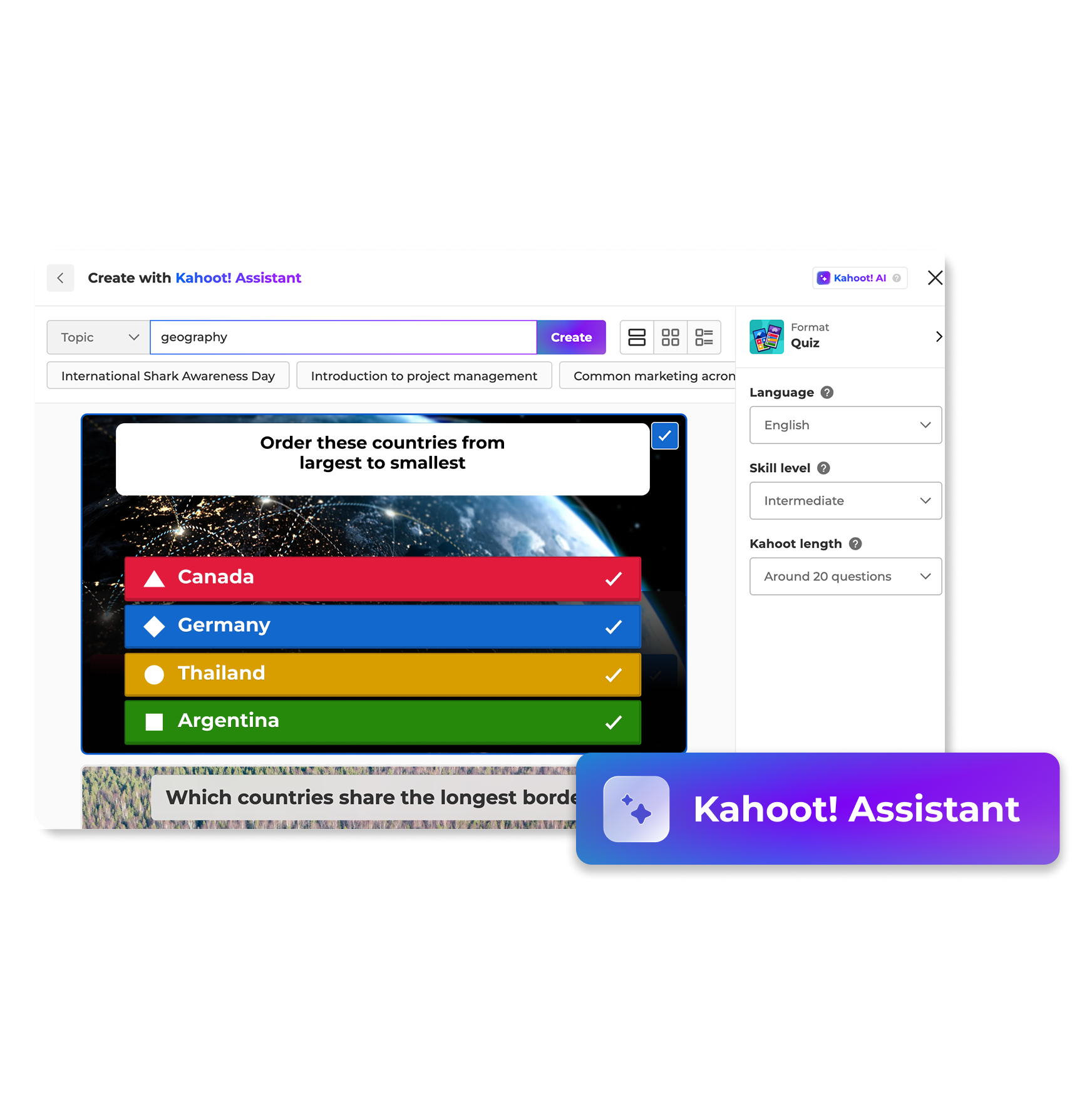 Kahoot! AI quiz generator showing a tropical forests quiz with the question 'What defines a tropical forest climate?' and four answer choices.