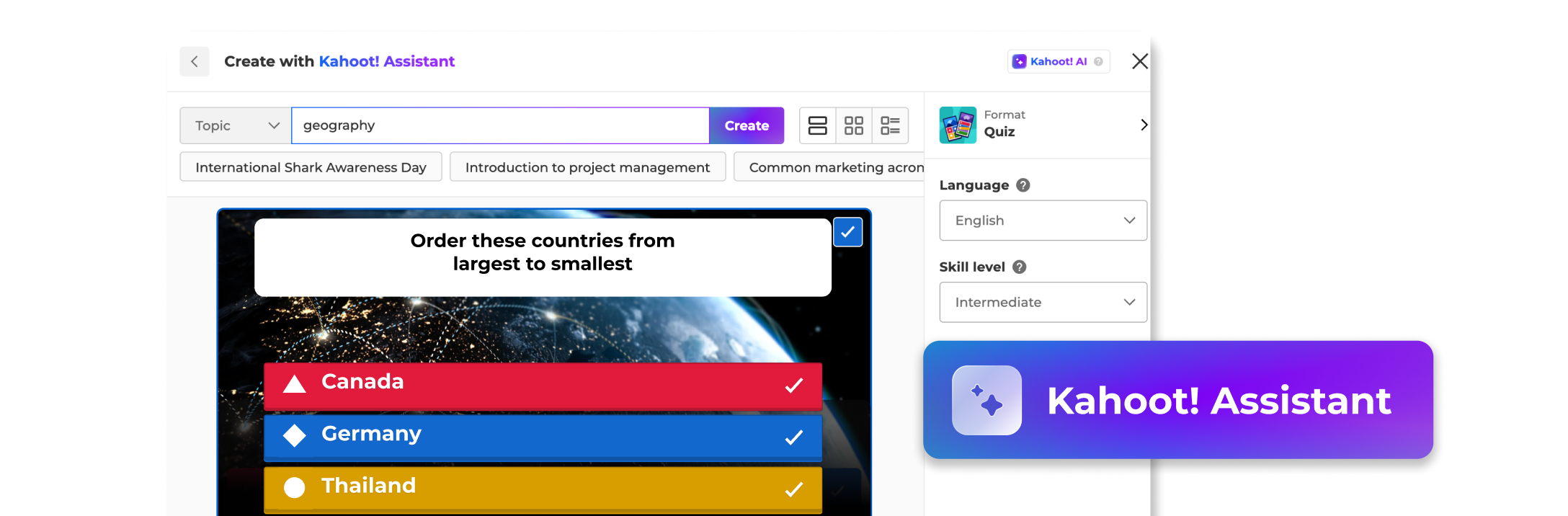 Kahoot! AI tool generating quiz questions with topic, language, and skill level settings.