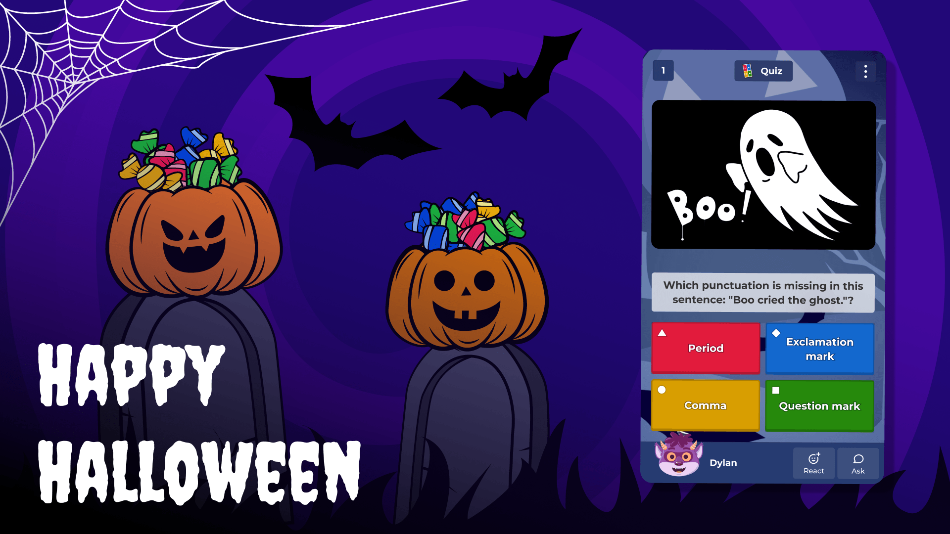 An illustration of two jack-o-lantern candy buckets next to a smartphone displaying a kahoot session